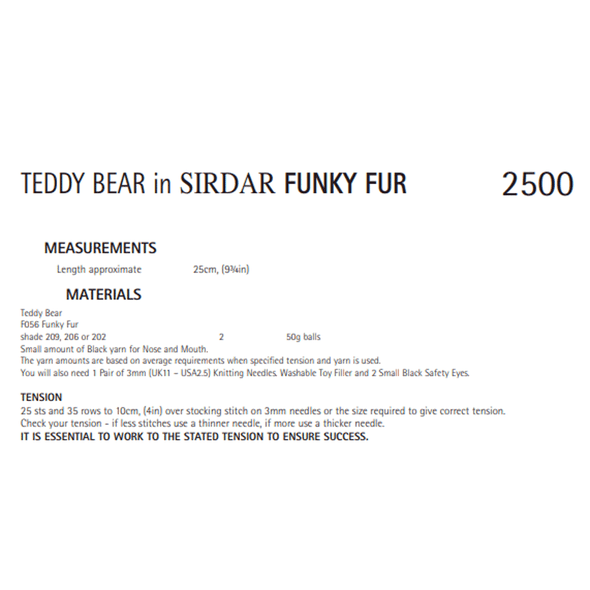 Teddy Bear Knitting Pattern | Sirdar Funky Fur 2500 | Digital Download - Pattern Information