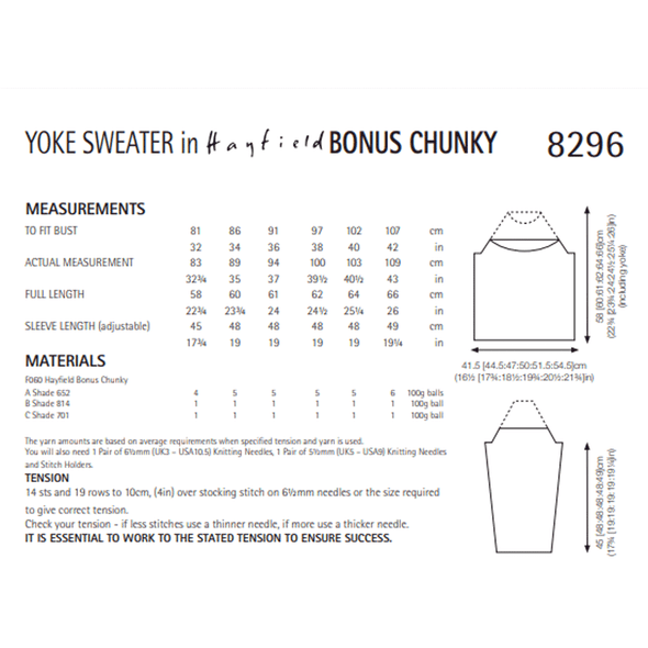 Ladies Yoke Sweater Knitting Pattern | Sirdar Hayfield Bonus Chunky 8296 | Digital Download - Pattern Information