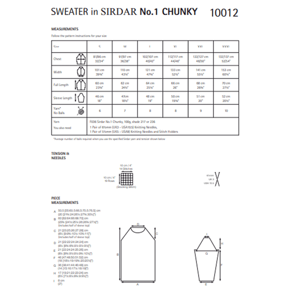 Men's & Women's Sweater Knitting Pattern | Sirdar No.1 Chunky 10012 | Digital Download - Pattern Information