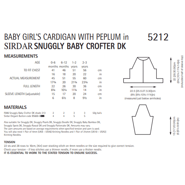 Baby Girl's Cardigan With Peplum Knitting Pattern | Sirdar Snuggly Baby Crofter DK 5212 | Digital Download - Pattern Information