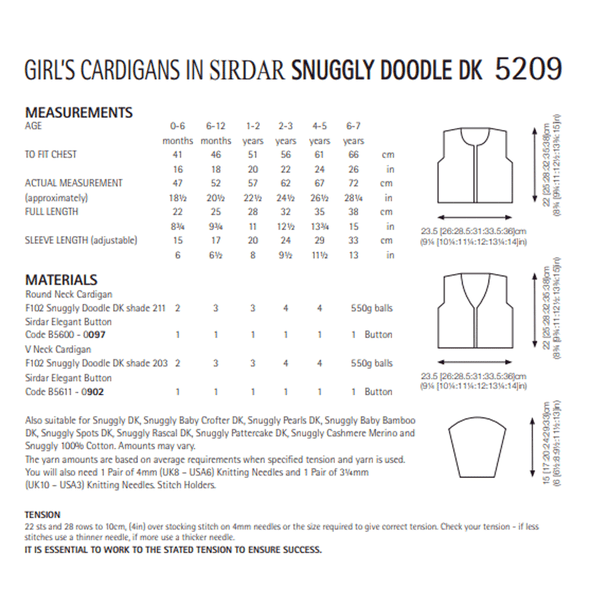 Girl's Cardigan Knitting Pattern | Sirdar Snuggly Doodle DK 5209 | Digital Download - Pattern Information