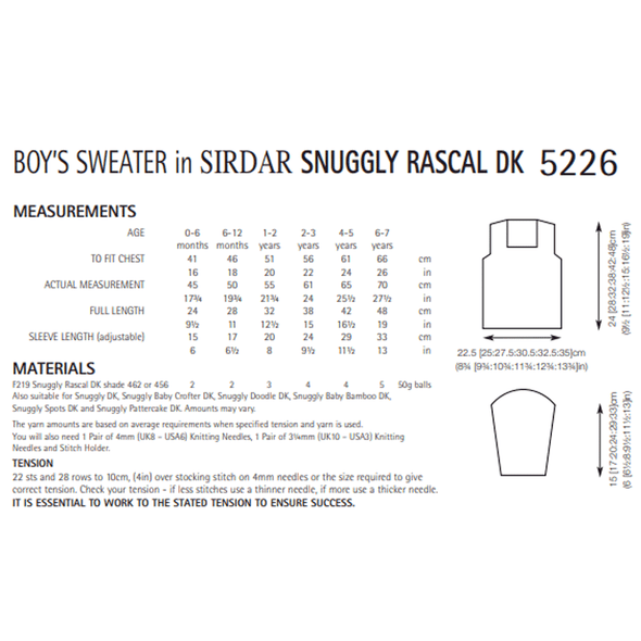 Boy's Sweater Knitting Pattern | Sirdar Snuggly Rascal DK 5226 | Digital Download - Pattern Information