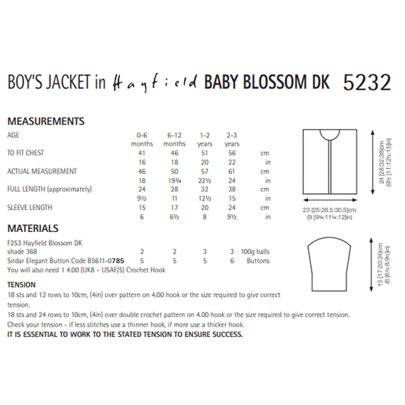 Boy's Jacket Crochet Pattern | Sirdar Hayfield Baby Blossom DK 5232 | Digital Download - Pattern Information