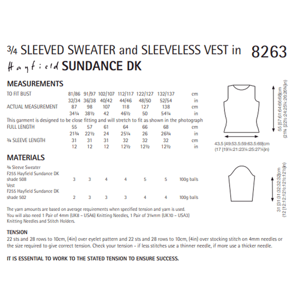 Woman's ¾ Sleeved Sweater And Sleeveless Vest Knitting Pattern | Sirdar Hayfield Sundance DK 8263 | Digital Download - Pattern Information