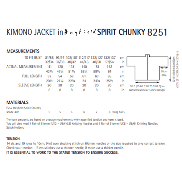 Woman's Kimono Jacket Knitting Pattern | Sirdar Hayfield Spirit Chunky 8251 | Digital Download - Pattern Information