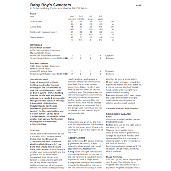 Baby Boy's Sweaters Knitting Pattern | Sirdar Sublime Baby Cashmere Merino Silk DK Prints 6143 | Digital Download - Pattern Information