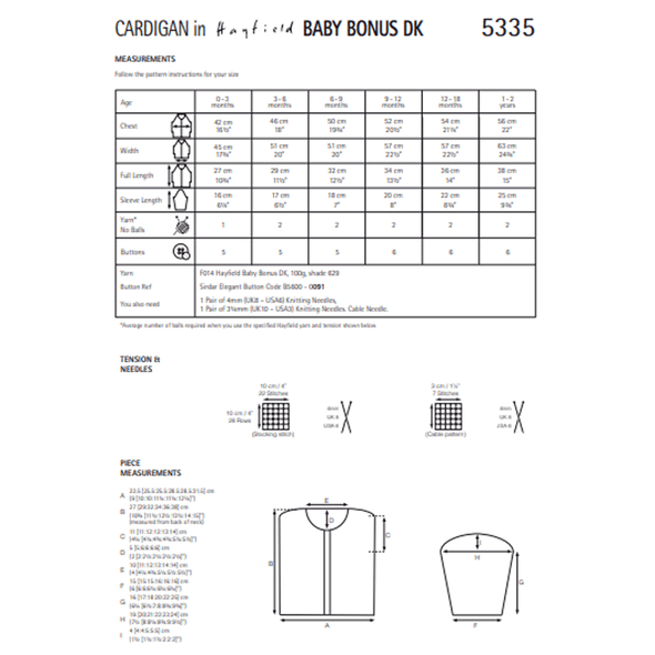 Baby Boy's & Girl's Cardigan Knitting Pattern | Sirdar Hayfield Baby Bonus DK 5335 | Digital Download - Pattern Information