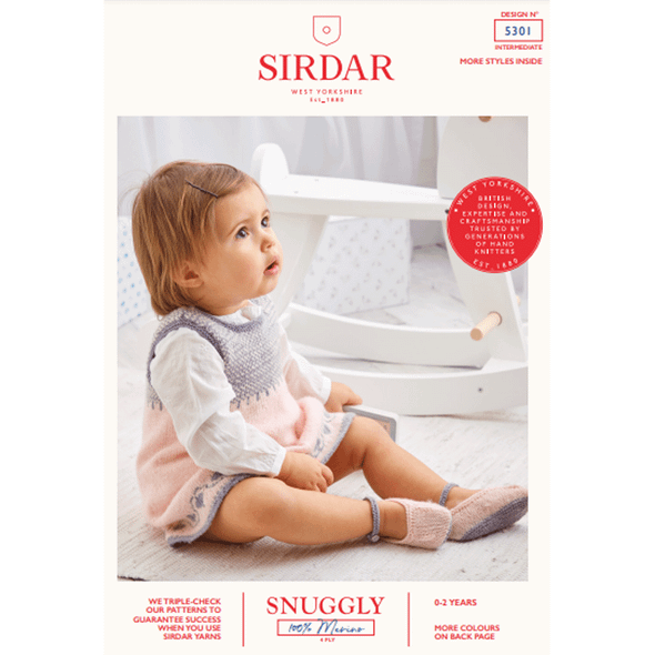 Baby Girl's Pinafore And Shoes Knitting Pattern | Sirdar Snuggly 100% Merino 4 Ply 5301 | Digital Download - Main Image