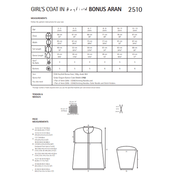 Girl's Coat Knitting Pattern | Sirdar Hayfield Bonus Aran 2510 | Digital Download - Pattern Information