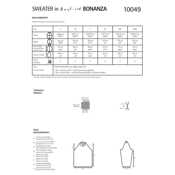 Ladies Sweater Knitting Pattern | Sirdar Hayfield Bonanza 10049 | Digital Download - Pattern Information