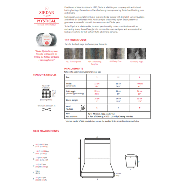 Ladies Cardigan Knitting Pattern | Sirdar Mystical 10037 | Digital Download - Pattern Information