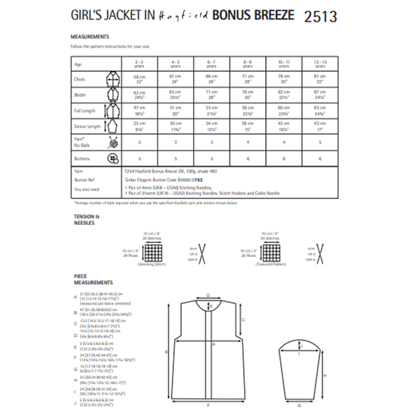 Girl's Jacket Knitting Pattern | Sirdar Hayfield Bonus Breeze DK 2513 | Digital Download - Pattern Information
