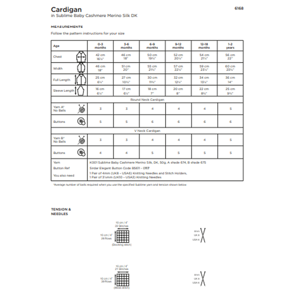 Babies Round And V Neck Cardigan Knitting Pattern | Sirdar Baby Cashmere Merino Silk DK 6168 | Digital Download - Pattern Information