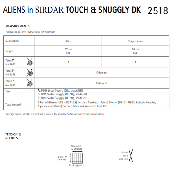 Alien Dolls Knitting Pattern | Sirdar Touch & Snuggly DK 2518 | Digital Download - Pattern Information