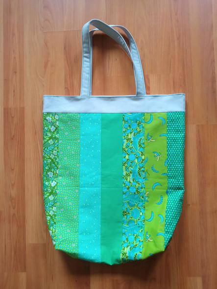 That Crafty Dafty Handmade Green & Blue Stripy Scrappy Tote / Shopping / Patchwork Bag - Back of the bag