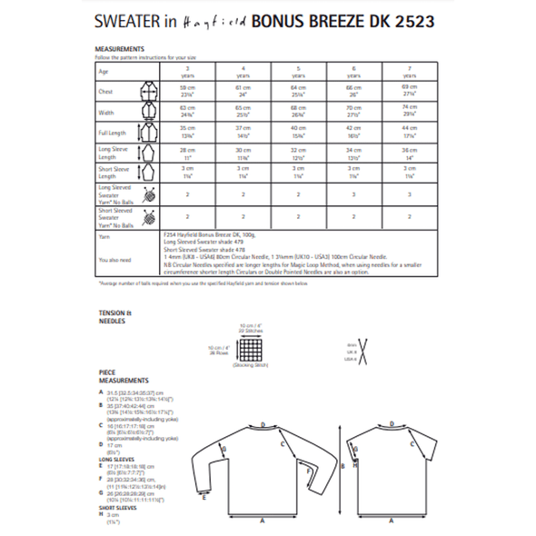 Children's Sweaters Knitting Pattern | Sirdar Hayfield Bonus Breeze DK 2523 | Digital Download - Pattern Information
