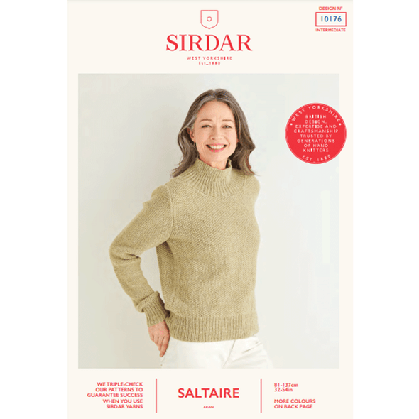 Women's Funnel Neck Moss Stitch Sweater Knitting Pattern | Sirdar Saltaire Aran 10176 | Digital Download - Main Image