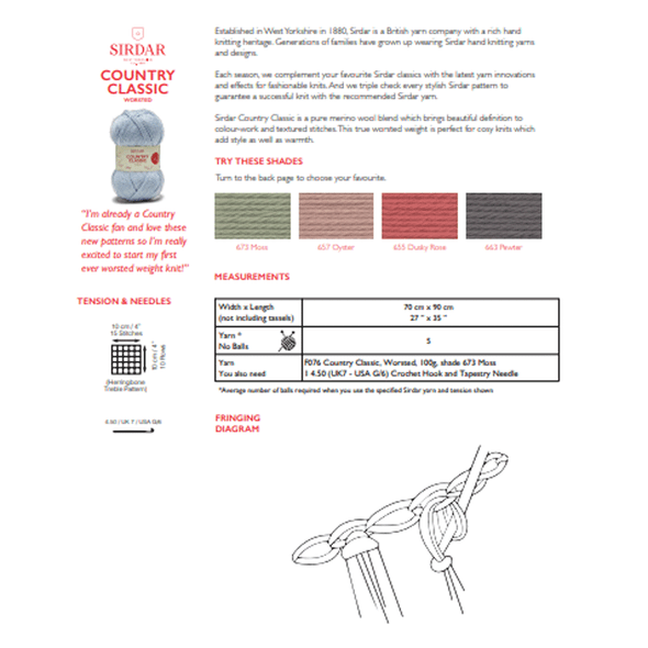 Herringbone Crocheted Blanket with Tassels Crochet Pattern | Sirdar Country Classic Worsted 10236 | Digital Download - Pattern Information