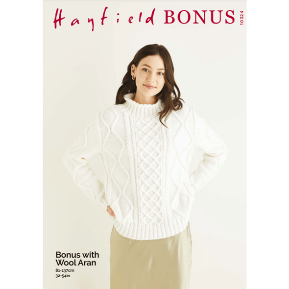 Ladies Funnel Neck Diamond Sweater Knitting Pattern | Sirdar Hayfield Bonus Aran With Wool 10324 | Digital Download - Main Image