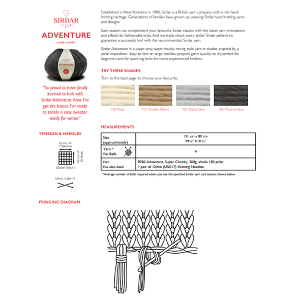 Ladies Shawl Knitting Pattern | Sirdar Adventure Super Chunky 10318 | Digital Download - Pattern Information