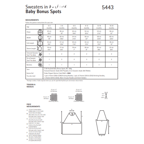 Babies Sweaters Knitting Pattern | Sirdar Hayfield Baby Bonus Spots 5443 | Digital Download - Pattern Information