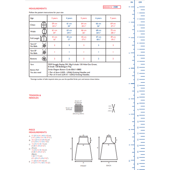 Girl's Pinafore Dress Knitting Pattern | Sirdar Snuggly Replay DK 2588 | Digital Download - Pattern Information