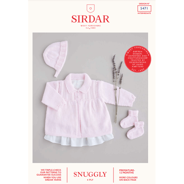 Babies Matinee Coat, Bonnet and Bootees Knitting Pattern | Sirdar Snuggly 4 Ply 5471 | Digital Download - Main Image