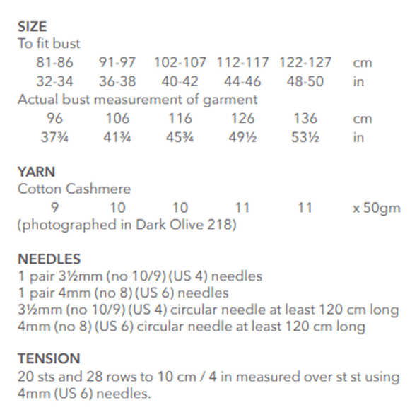 Rowan Ladies Olive Cardigan Knitting Pattern using Cotton Cashmere | Digital Download (RM004-00003) (rowa-patt-RM004-00003dd) - Pattern Information