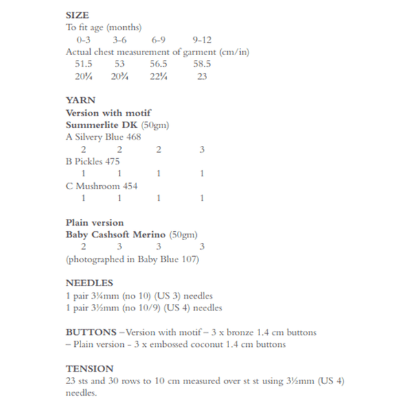Rowan Babies Busy Bee Sweater Knitting Pattern using Summerlite DK | Digital Download (RB004-00005) (rowa-patt-RB004-00005dd) - Pattern Information