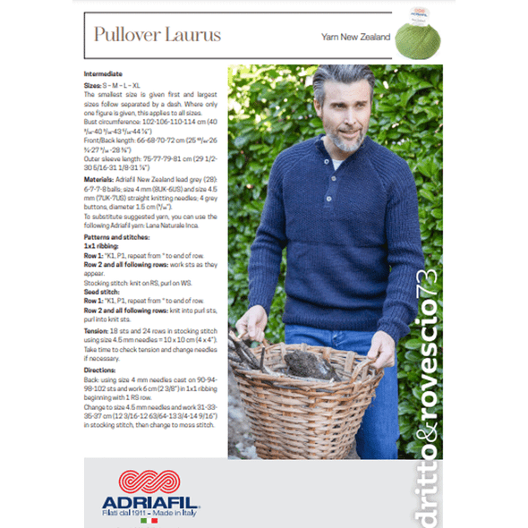 Men's Laurus Pullover / Sweater Knitting Pattern | Adriafil New Zealand DK Knitting Yarn | Downloadable Pattern - Main Image