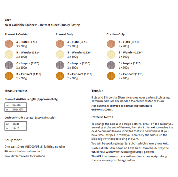 Beginner Striped Blanket & Cushion Set Knitting Pattern | WYS Re:Treat Chunky Roving Knitting Yarn DFP0023 | Digital Download - Pattern information