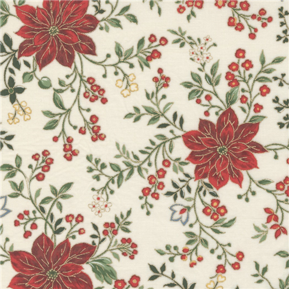 Merry Manor Metallic | Moda Fabrics | 33661-11M | Poinsettia Waltz, Cream
