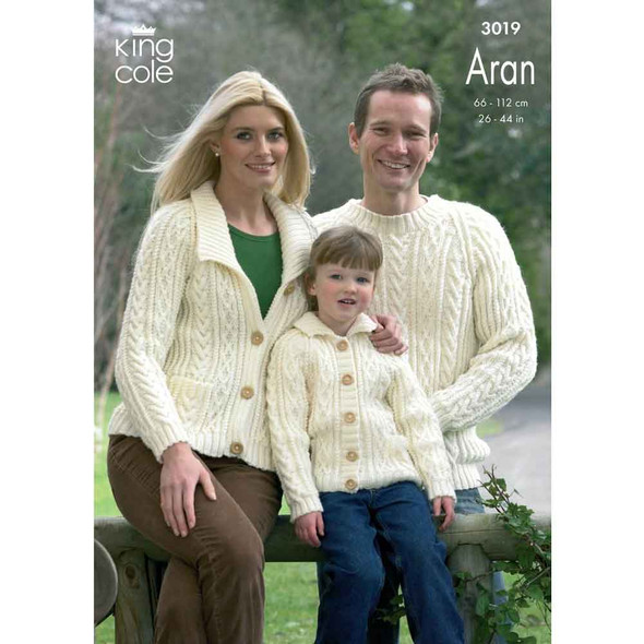 Family Cable Sweaters and Cardigan Knitting Pattern | King Cole Merino Blend Aran 3019 | Digital Download - Main Image