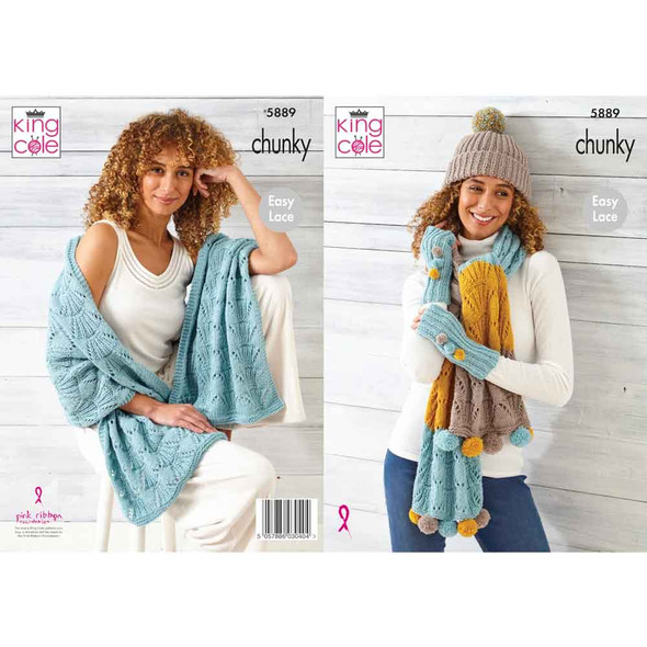 Ladies Wrap, Scarf, Hand Warmers & Hat Knitting Pattern | King Cole Wildwood Chunky 5889 | Digital Download - Main Image