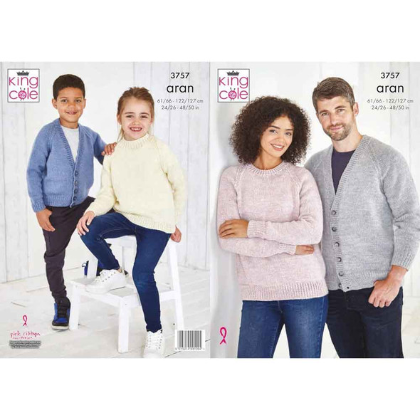 Family Cardigan and Sweater Knitting Pattern | King Cole Fashion Aran 3757 | Digital Download - Main Image