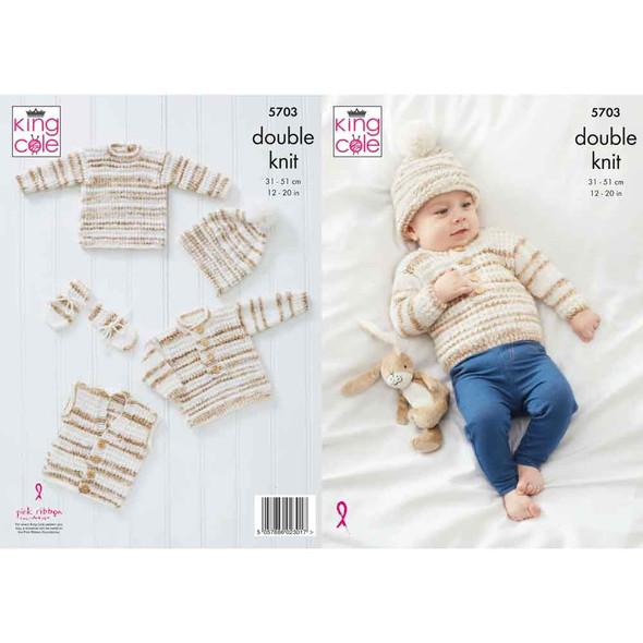 Baby Sweaters, Waistcoat, Hat and Mittens Knitting Pattern | King Cole Baby Stripe DK 5703 | Digital Download - Main Image