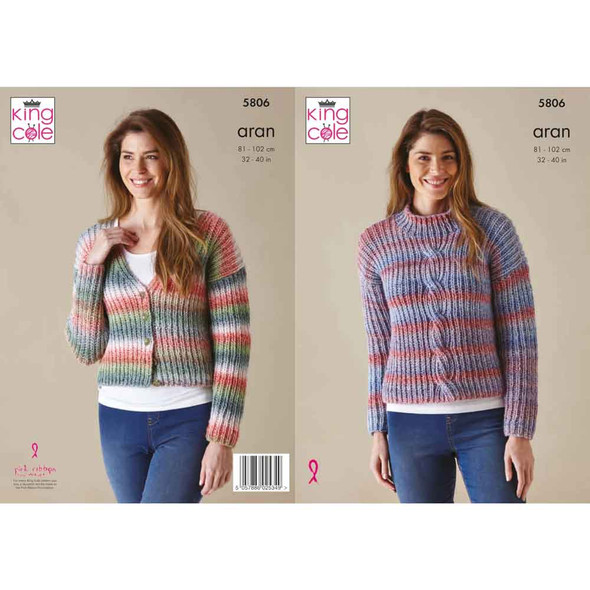 Ladies Sweater and Cardigan Knitting Pattern | King Cole Acorn Aran 5806 | Digital Download - Main Image