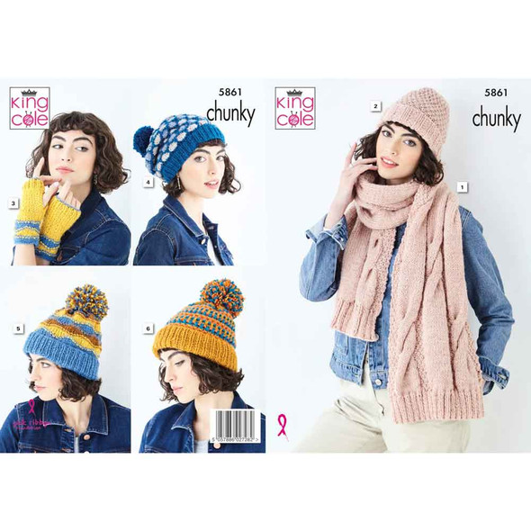 Ladies Scarf, Hand Warmers and Hats Knitting Pattern | King Cole Big Value Chunky 5861 | Digital Download - Main Image