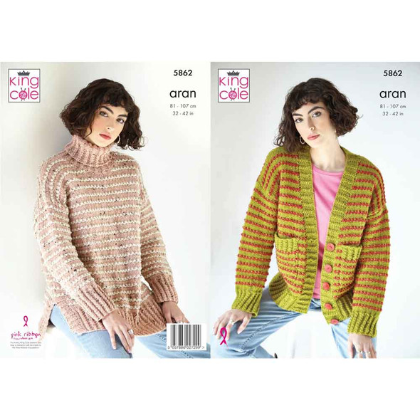 Ladies Sweater and Cardigan Knitting Pattern | King Cole Fashion Aran 5862 | Digital Download - Main Image