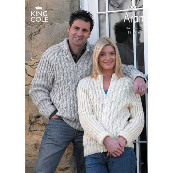 Adult Jacket and Sweater Knitting Pattern | King Cole Fashion Aran 2943 | Digital Download - Main Image