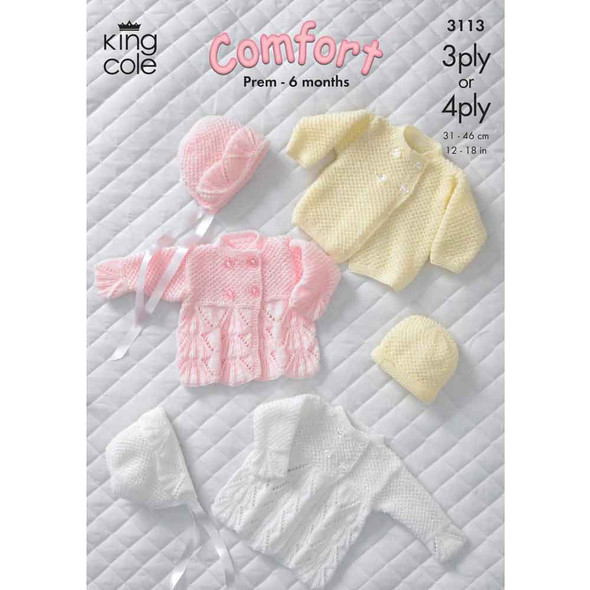 Baby Jacket, Coat, Bonnet and Hat Knitting Pattern | King Cole Comfort 3 Ply or 4 Ply 3113 | Digital Download - Main Image