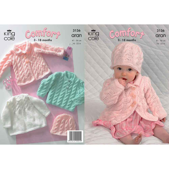 Baby Coat, Dress, Sweater and Hat Knitting Pattern | King Cole Comfort Aran 3136 | Digital Download - Main Image