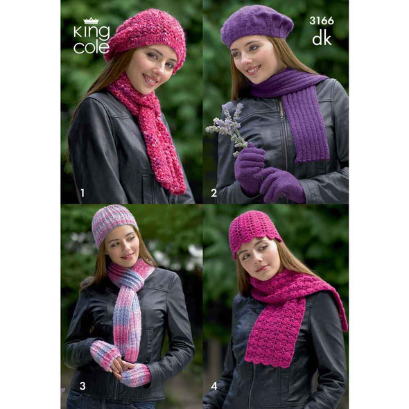 Ladies Hats, Scarfs and Gloves Knitting Pattern | King Cole Inspire, Moods, Mirage and Merino Blend DK 3166 | Digital Download - Main Image