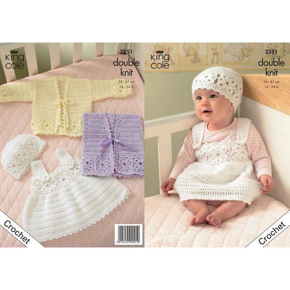 Baby Cardigan, Waistcoat, Pinafore Dress and Hat Crochet Pattern | King Cole Comfort DK 3251 | Digital Download - Main Image