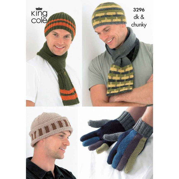 Men's Hats, Scarves and Gloves Knitting Pattern | King Cole DK and Chunky 3296 | Digital Download - Main Image