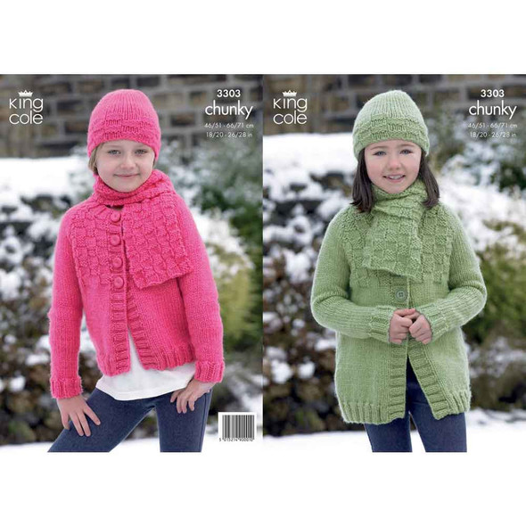 Girls Jackets, Hat and Scarf Knitting Pattern | King Cole Comfort Chunky 3303 | Digital Download - Main Image