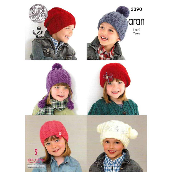 Childrens Hats Knitting Pattern | King Cole Comfort Aran 3390 | Digital Download -  Main image