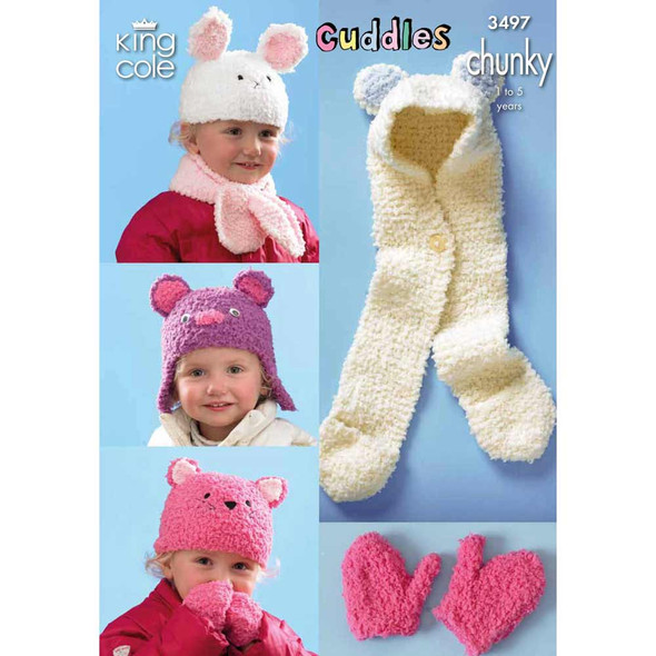 Kid's Hats, Mittens and Scarf Knitting Pattern | King Cole Cuddles Chunky 3497 | Digital Download - Main image