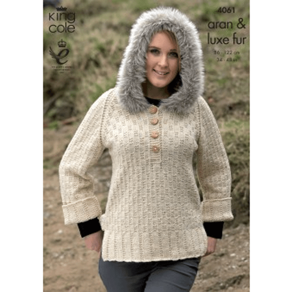 Womens Sweater with Hood and Top with Separate Cowl Knitting Pattern | King Cole Aran and Luxe Fur 4061 | Digital Download - Main Image