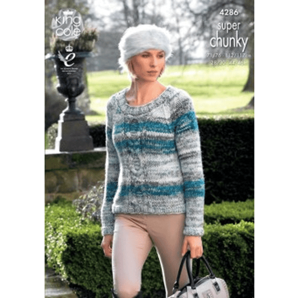 Ladies Round and Pop Neck Sweater Knitting Pattern | King Cole Big Value Super Chunky Tints 4286 | Digital Download - Main Image